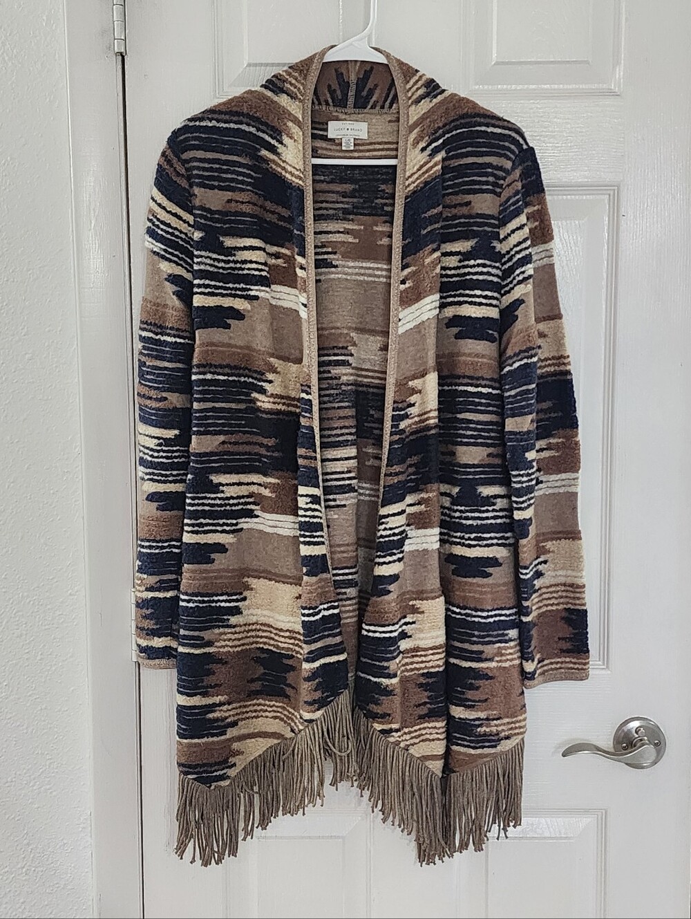 Lucky Brand Southwestern Fringe Open Front Cardigan Sweater L Boho Aztec Wester